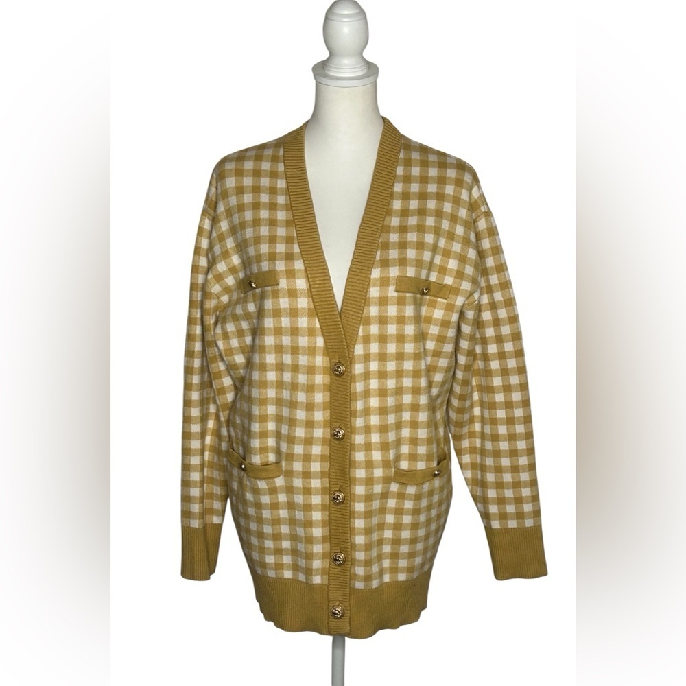 Joie Mustard and White Gingham Checkered Cardigan sz M boyfriend fit EUC preppy